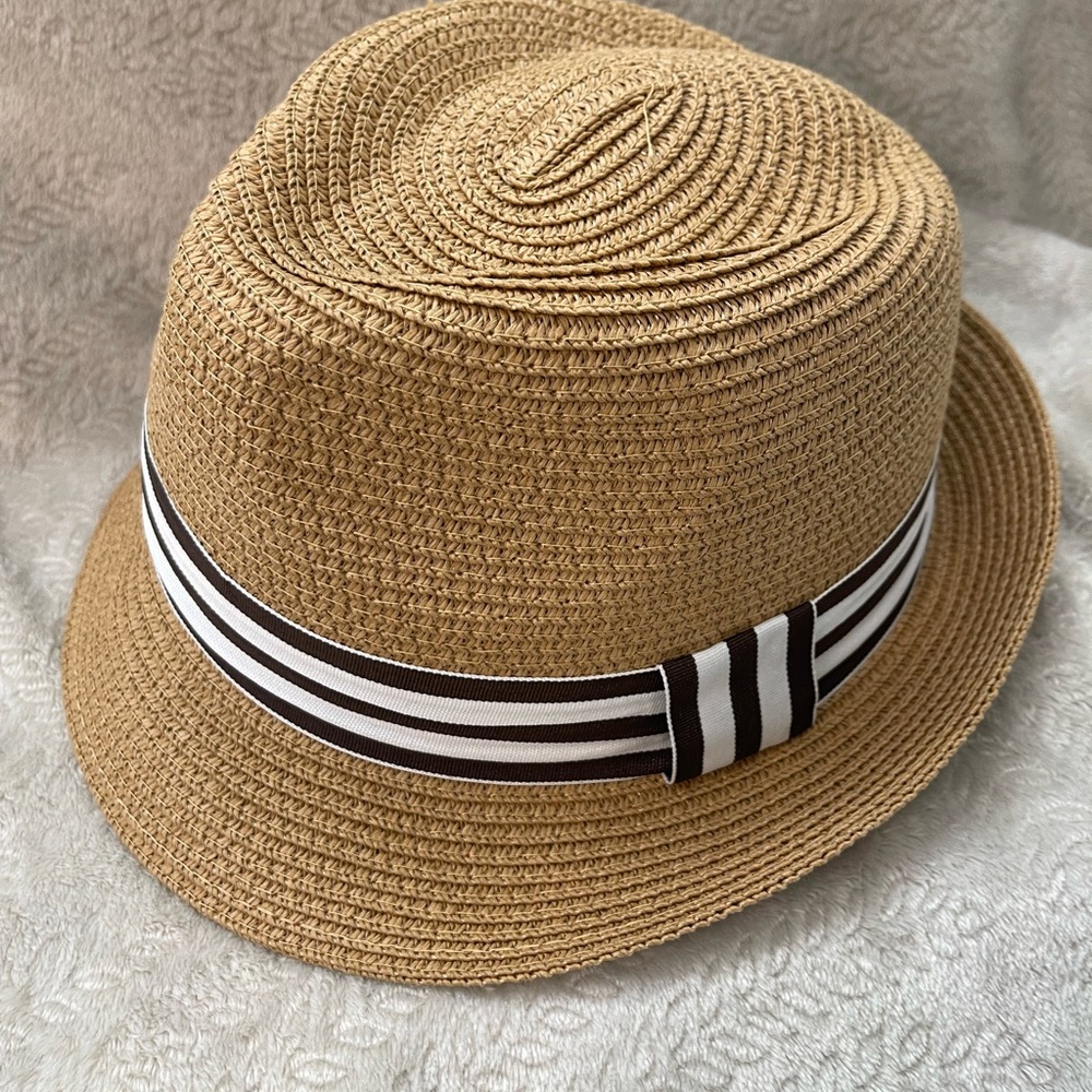 Tan Straw Hat with Striped Band - Picture 4 of 9